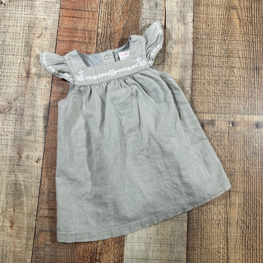Gymboree 3-6M Gray Cotton Gauze Dress Good Day Gray Embroidered Flutter Sleeve